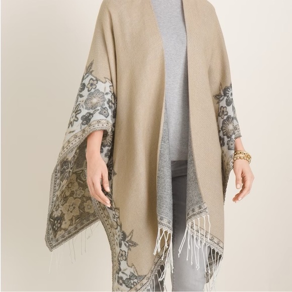 Chico's Accessories - Chico’s Floral Border With Fringe Poncho